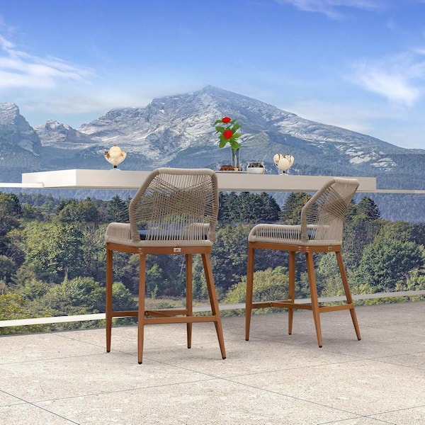 PURPLE LEAF Modern Aluminum Twill Wicker Woven Counter Height Outdoor Bar Stool with Back and Sunbrella Navy Blue Cushion (2-Pack)