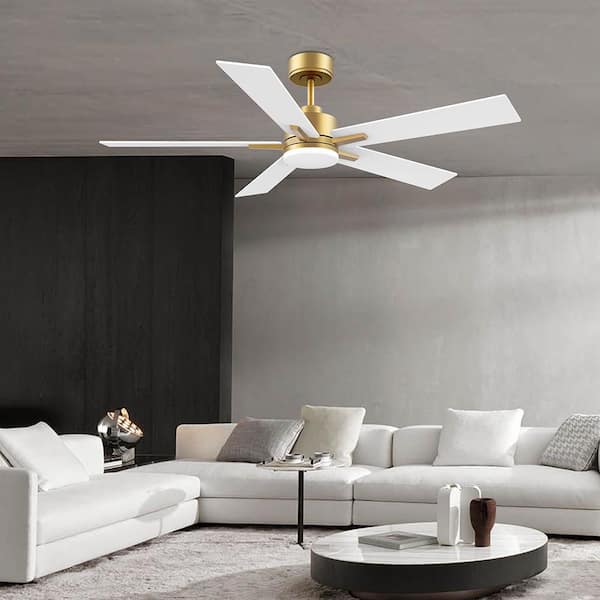 52 in. Gold 5 Blades Downrod Standard Ceiling Fan with Light Voice Control via/Alexa/Google/WIFI/App/DC Motor