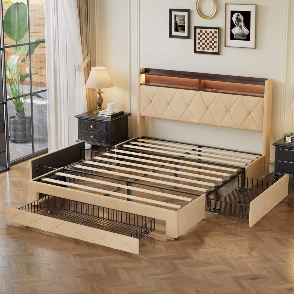 Storage Bed Beige Metal Frame Queen Platform Bed with Power Station, USB Ports and Storage Shelf Headboard, Drawers - thumbnail 9
