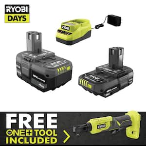ONE+ 18V Lithium-Ion 4.0 Ah Battery, 2.0 Ah Battery, and Charger Kit with FREE ONE+ Cordless 3/8 in. Ratchet