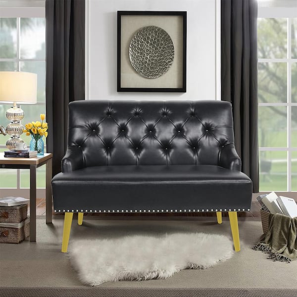 Seafuloy 43.5 in. W Square Arm Faux Leather Straight 2-Seats Sofa with Nailhead Trim in Black