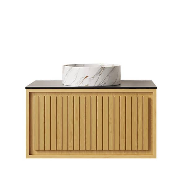 30 in. Wall-Mounted Light Oak Bath Vanity with Black Sintered Stone Top Unassembled