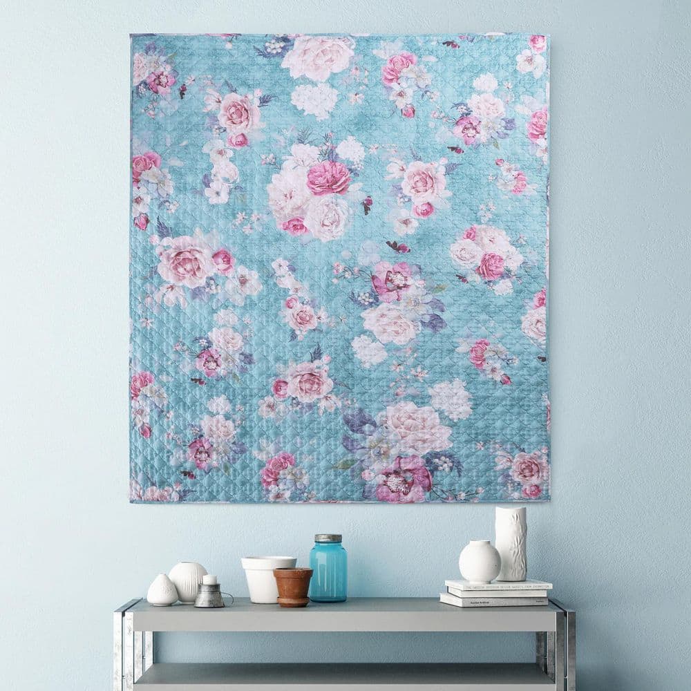 Turquoise Blue Floral Quilted Reversible Throw Blanket