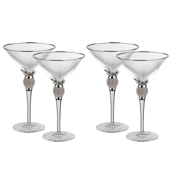 Elegant 10 oz. Martini Glasses with Diamond Rhinestone Accents and a Polished Silver Rim (Set of 4)
