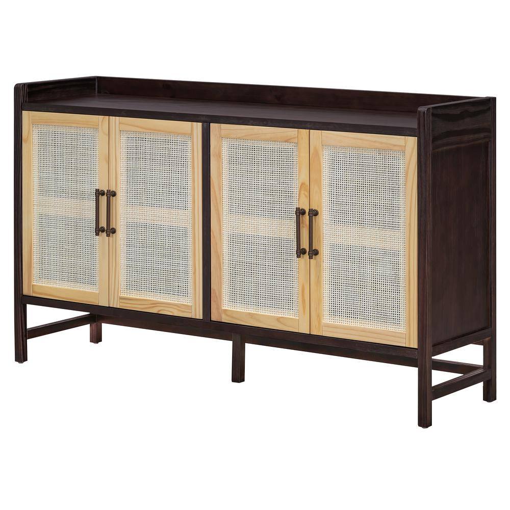 Natural Walnut Wood 60 in. Sideboard with Rattan Doors