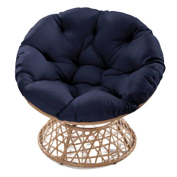 MEOOEM 1-Piece Patio Wicker Papasan Chair, Outdoor Swivel Lounge Chair for Bistro Balcony Garden, with Navy Blue Cushions