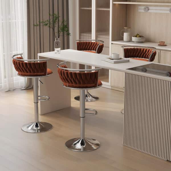 Uixe 38.5 in. Modern Silver Metal Frame Low Back Swivel Adjustable Height Bar Stool with Orange Velvet Seat (set of 4)