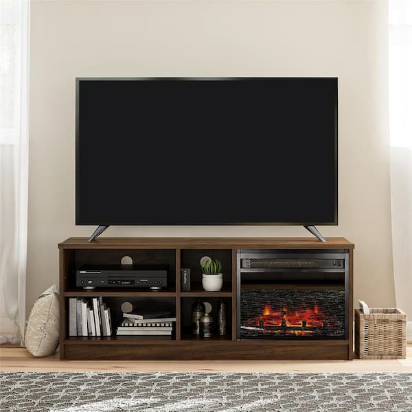 Ameriwood Home Noble Walnut Oak TV Stand Fits TV's up to 55 in. With Electric Fireplace Insert and 4-Shelves