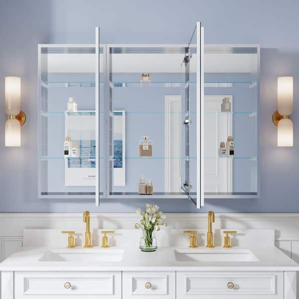 ROSA 52 in. W x 36 in. H Surface/Recessed Mount Rectangular Tri-View Aluminum Medicine Cabinet with Mirror, Combo Set