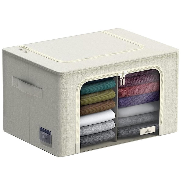 Storage Bin with Divider, Metal Frame, Oxford Fabric, Window & Handles, Beige 16 in x 12.6 in Decorative Box Set of 1