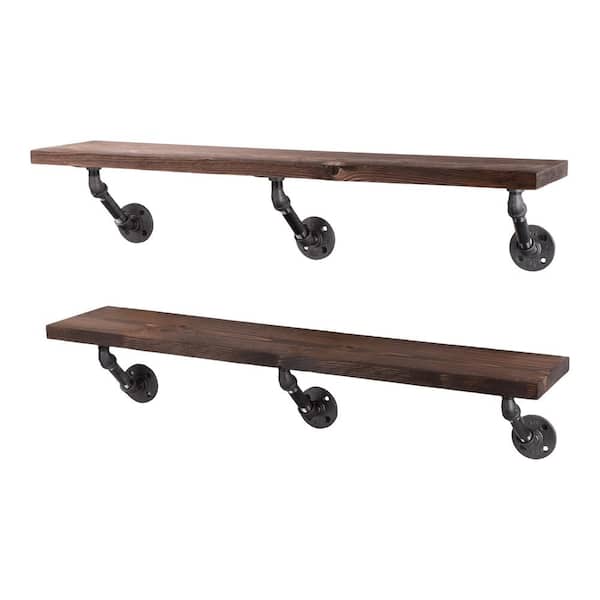 PIPE DECOR 36 in. x 7.5 in. x 6.75 in. Trail Brown Restore Wood Decorative Wall Shelf with Industrial Steel Pipe Brackets
