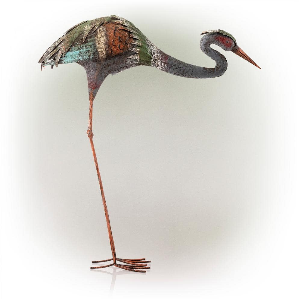 30" Multicolor Rustic Metal Crane Garden Statue