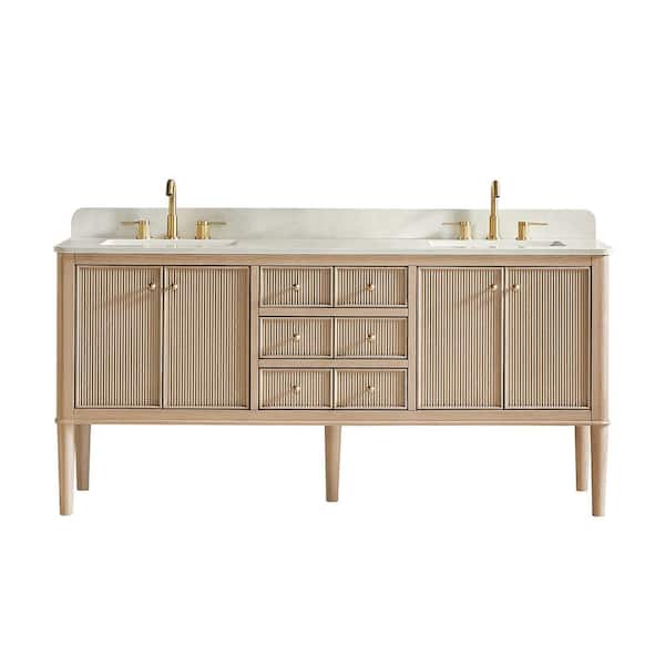 Blaise 72 in. Double Freestanding Light Oak Bath Vanity with Grain White Engineered Stone Top Assembled