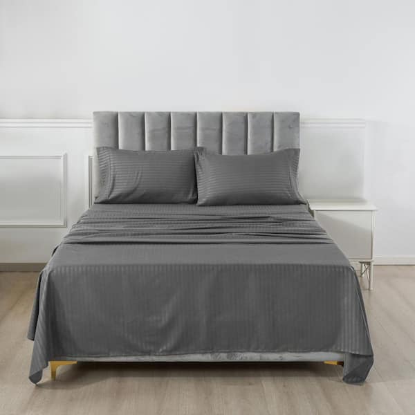 Lux Decor 3-Piece Microfiber Sheet Set Stripe Pattern with Deep Pocket Fitted Sheet and Pillowcase-Twin Dark Gray
