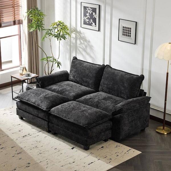 Double Layer Cushion's 85 in. Solid Print Black Chenille Queen Size Sofa Bed