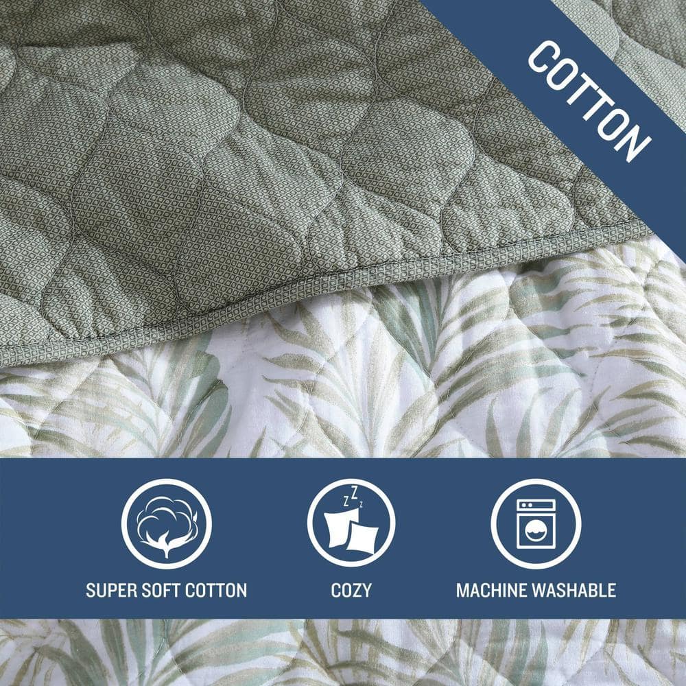 Reversible Sage Palm Motif White Cotton King Quilt Set