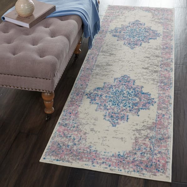 Grafix Ivory/Pink 2 ft. x 8 ft. Persian Medallion Transitional Kitchen Runner Area Rug