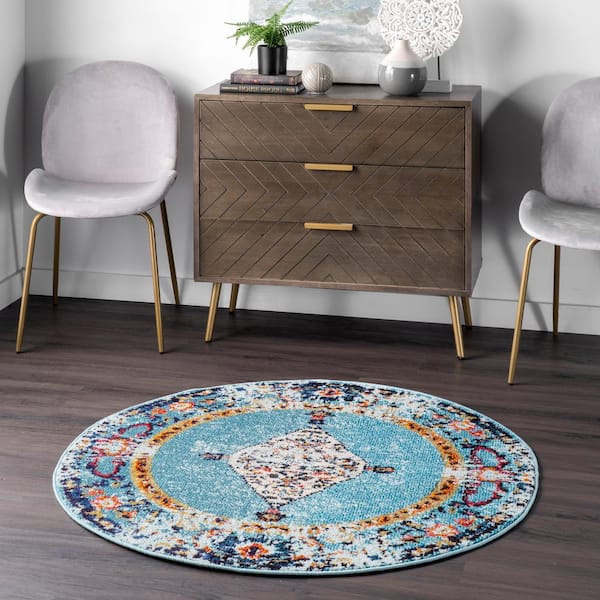 Veronica Oriental Persian Aqua 4 ft. x 4 ft. Round Indoor Area Rug