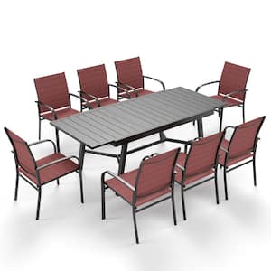 Black 9-Piece Metal Expandable Table Patio Outdoor Dining Set with Red Textilene Chairs
