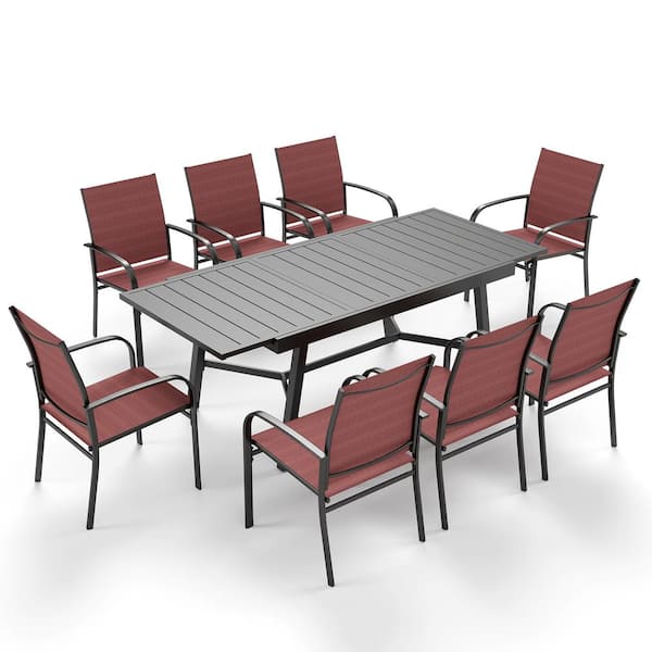 PHI VILLA Black 9-Piece Metal Expandable Table Patio Outdoor Dining Set with Red Textilene Chairs