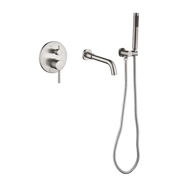 Solid Brass Single-Handle Wall Mount Roman Tub Faucet with Swivel Spout, Hand Shower, Rough-in Valve in Brushed Nickel