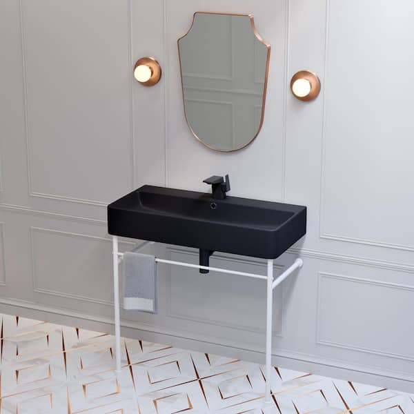 Carre 36 in. Ceramic Console Sink Basin in Matte Black with Matte White Legs