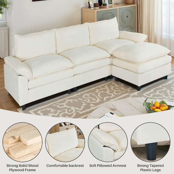 WONDER COMFORT Chic 118 in. Soft Pillowed Armrest 3-piece L Shaped Chenille Sectional Sofa Couch in Beige with 1-Ottoman TN-2127BG-3W+OT