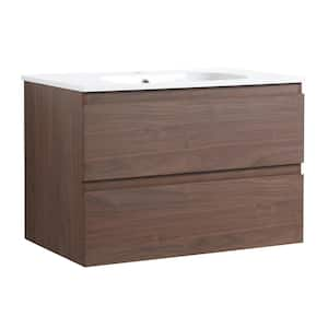 29.70 in. W x 18.10 in. D x 20.20 in. H Single Sink Wall-Mounted Bath Vanity in Imitative Oak with White Resin Top