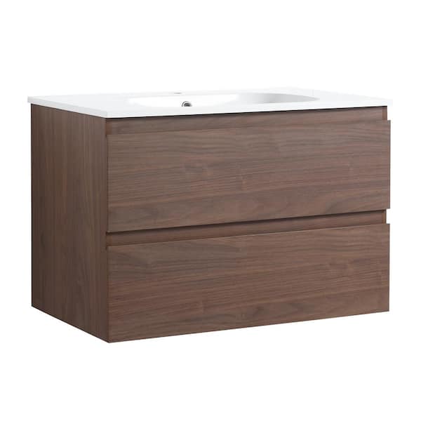 Boosicavelly 29.70 in. W x 18.10 in. D x 20.20 in. H Single Sink Wall-Mounted Bath Vanity in Imitative Oak with White Resin Top