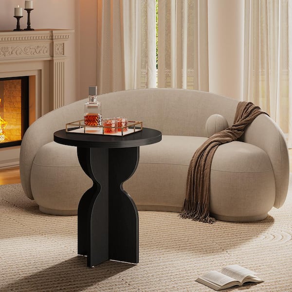BYBLIGHT Kerlin 19.7 in. Black Small Side Table, Round Wood End Table Snack Table Hourglass-Shaped Pedestal for Small Space
