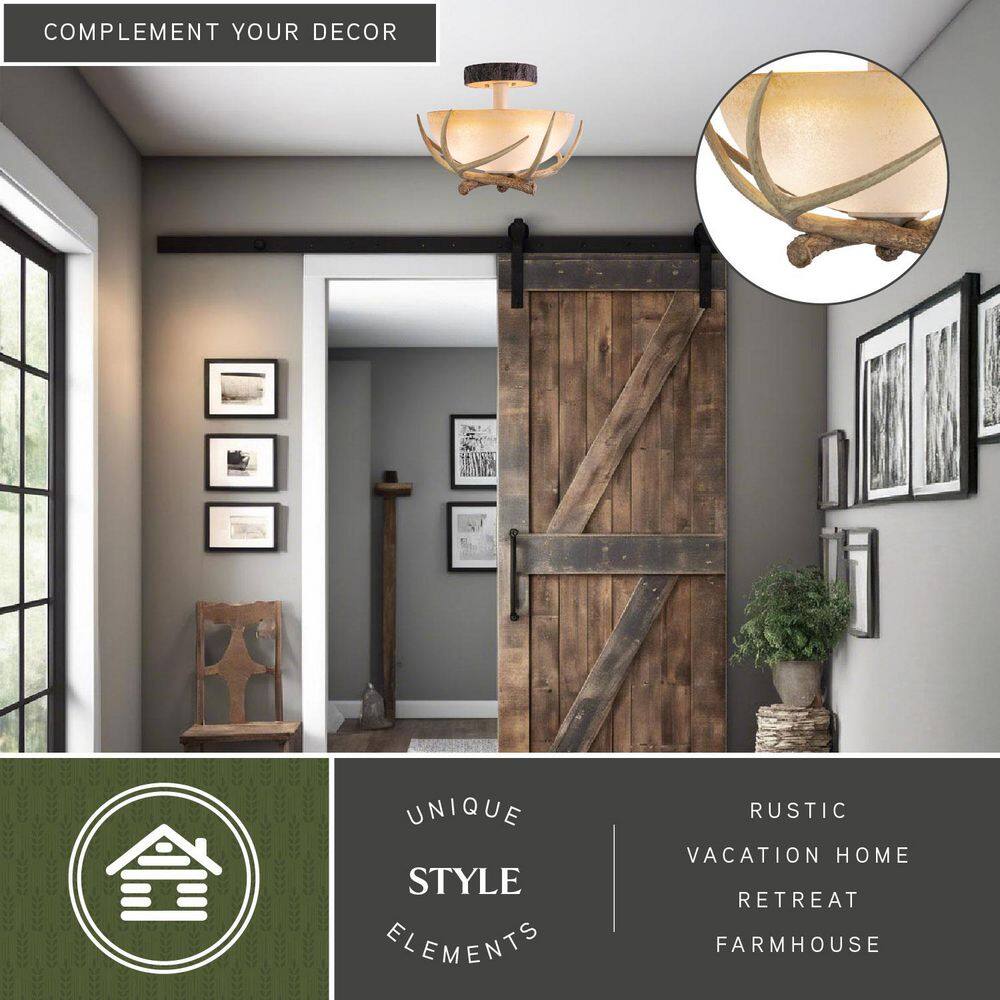 Rustic Antler 16" Cream Glass Semi Flush Mount Ceiling Light