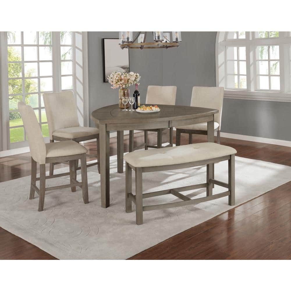 Beige Linen Upholstered Counter Height Bench with Rustic Gray Wood Frame