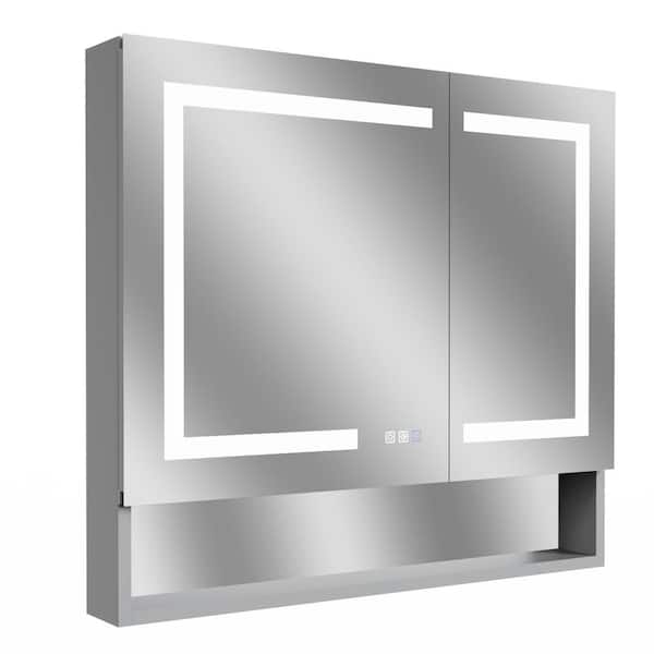 MEDUNJESS 36 in. W x 32 in. H Rectangular Silver Aluminum Recessed/Surface Mount Medicine Cabinet with Mirror LED and Shelves