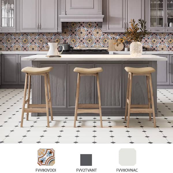Merola Tile Vaudeville Octagon Nacar with Taco Antracita 8 in. x 8