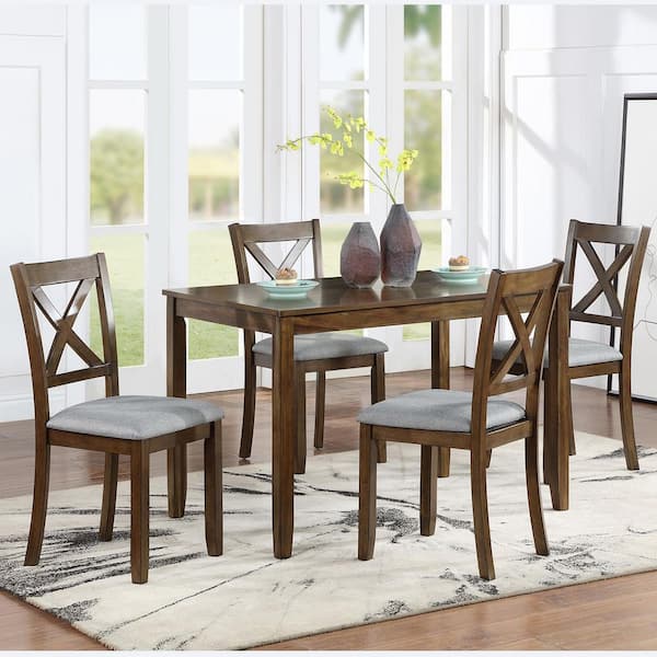 Iverly Country Rustic Gray Linen Upholstered & Walnut Finish Solid Wood Dining Side Chair with Cross Back, (Set of 4)