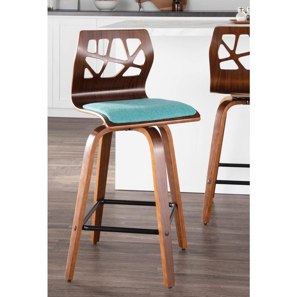 Folia Teal Upholstered Swivel Counter Height Barstools with Walnut Frame, Set of 2