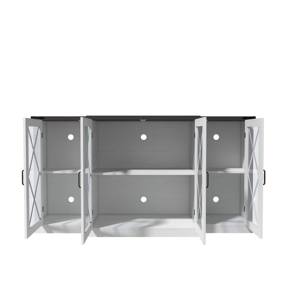 White Farmhouse 63" TV Stand with Glass Cabinet Doors