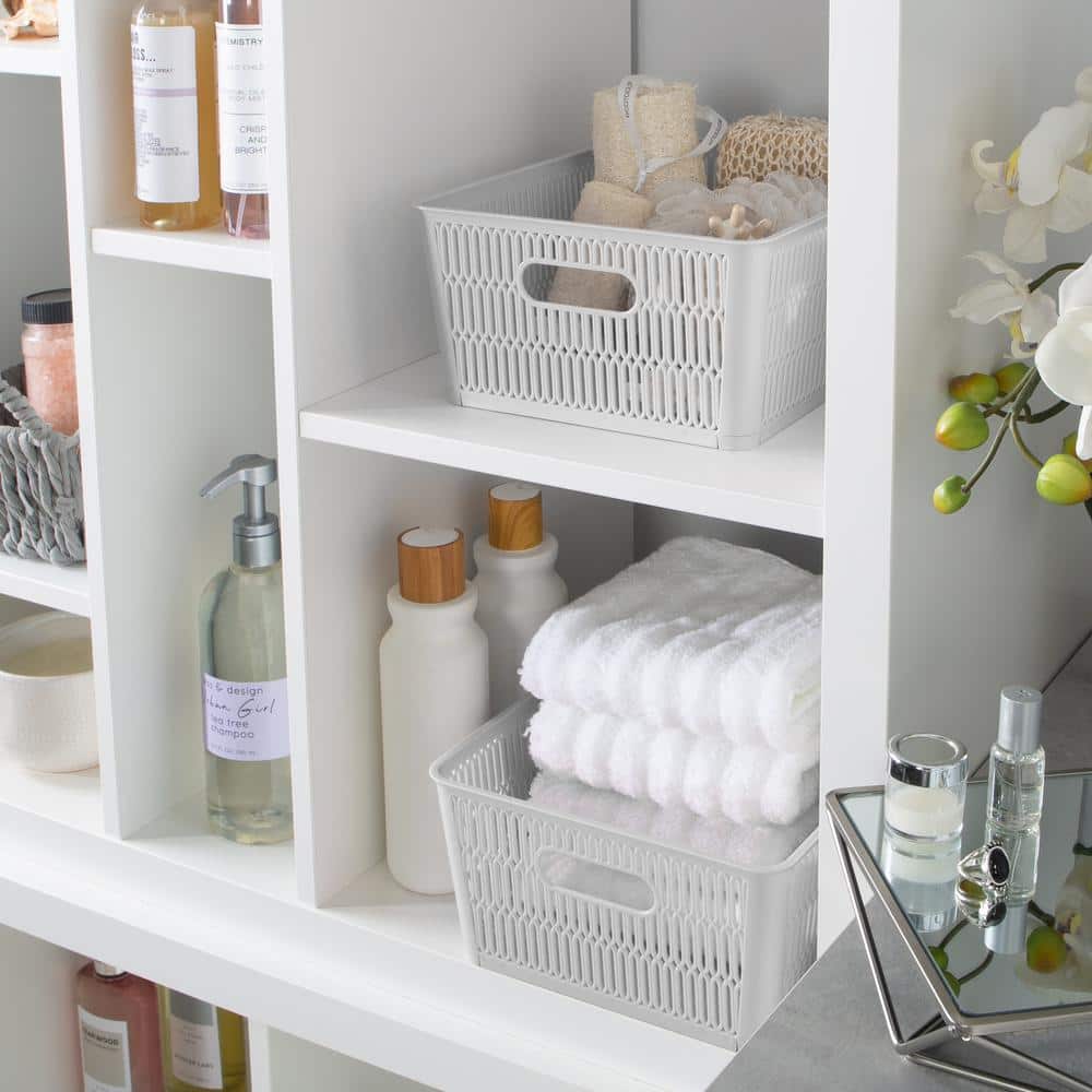 Simplify Slide 2 Stack Grey Plastic Storage Tote Baskets, 2-Pack