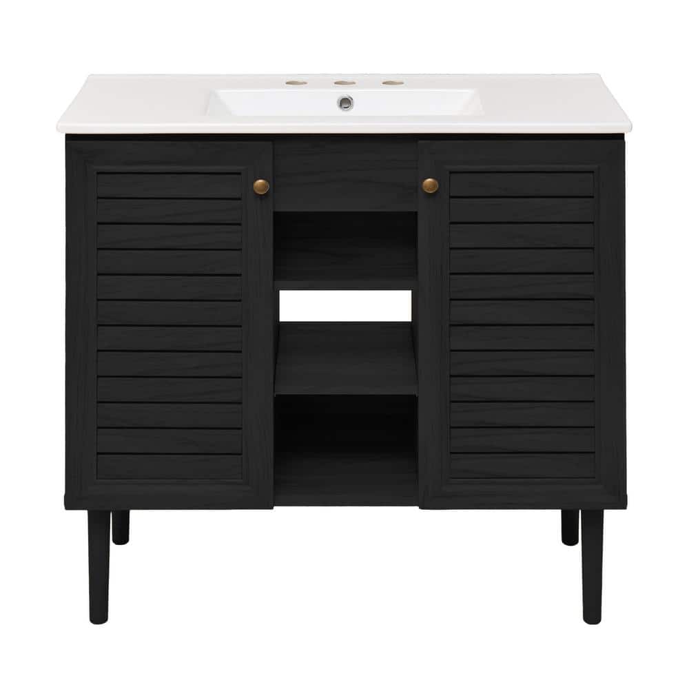 Bron 36 in. Freestanding Bathroom Vanity in Black Oak with White Ceramic 3-Hole Widespread Sink Top price history on PriceWatchPro