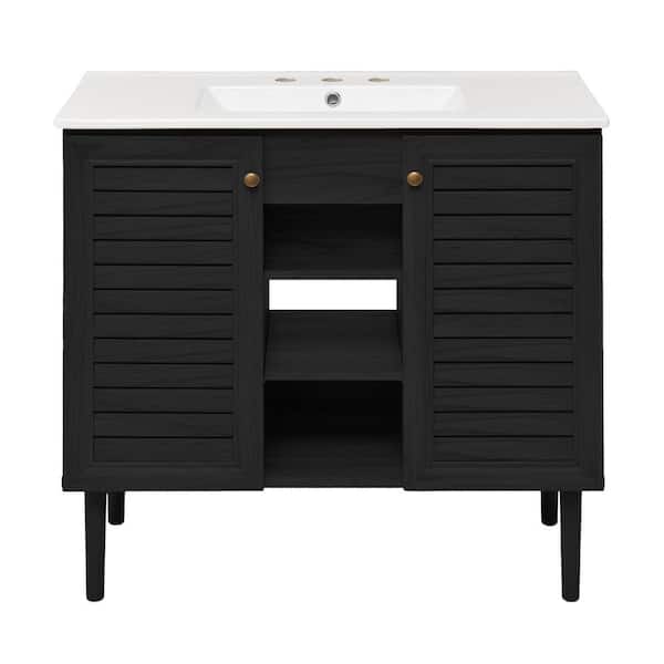 Bron 36 in. Freestanding Bathroom Vanity in Black Oak with White Ceramic 3-Hole Widespread Sink Top