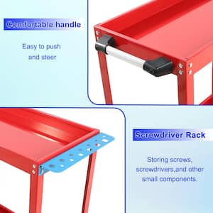 2-Tier Heavy Duty Metal 4-Wheeled Storage Shelves Utility Cart with Lockable Wheels and Handle in Red