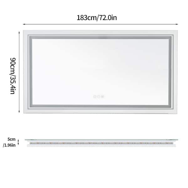 Wisfor 72 in. W x 36 in. H Large Rectangular Frameless Anti-Fog Backlit + Front Light Wall Bathroom Vanity Mirror Shatterproof
