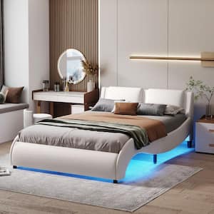 White Wood Frame Full Size Upholstered Platform Bed with LED Lights Underneath, Faux Leather Wave Like Led Bed Frame