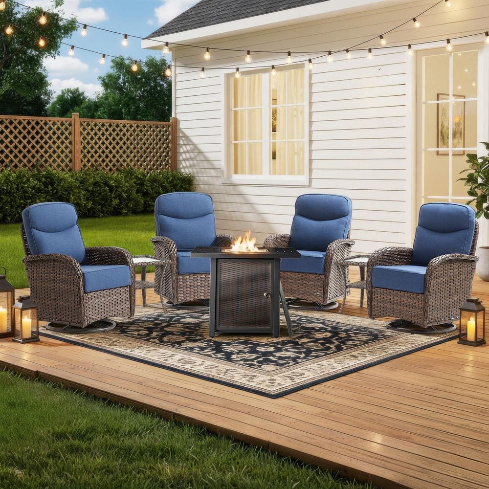 Moonridge 7-Piece Brown Wicker Fire Pit Conversation Set with 6 In. Olefin Blue Cushions / Patio Swivel Chairs price history on PriceWatchPro