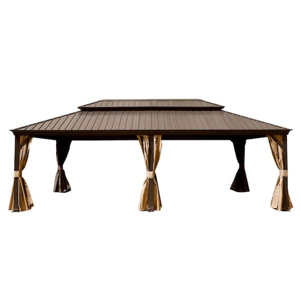 domi outdoor living 14 ft. x 22 ft. Dark Brown Outdoor Aluminum Hardtop Gazebo with Galvanized Steel Double Roof, Curtain and Netting