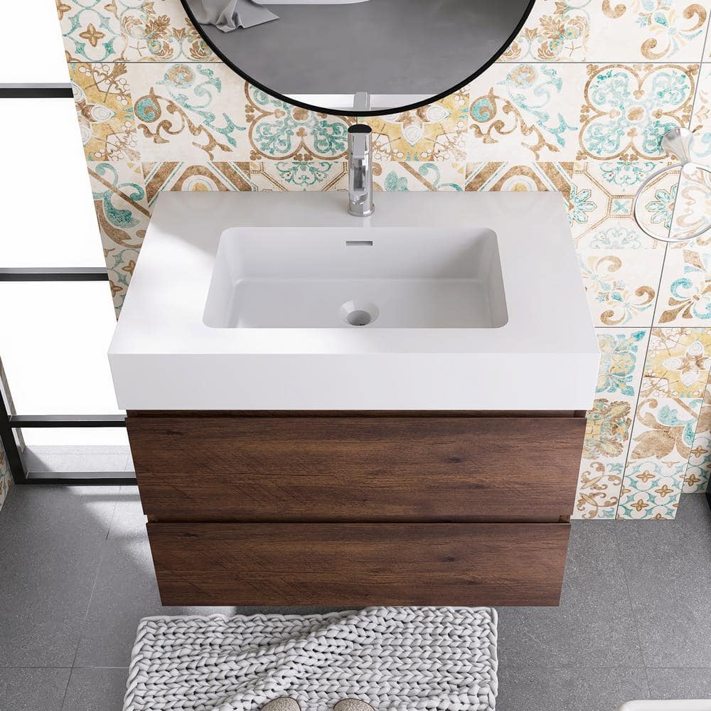 Walnut Wall-Mounted Bathroom Vanity with White Resin Sink, 30" x 18"