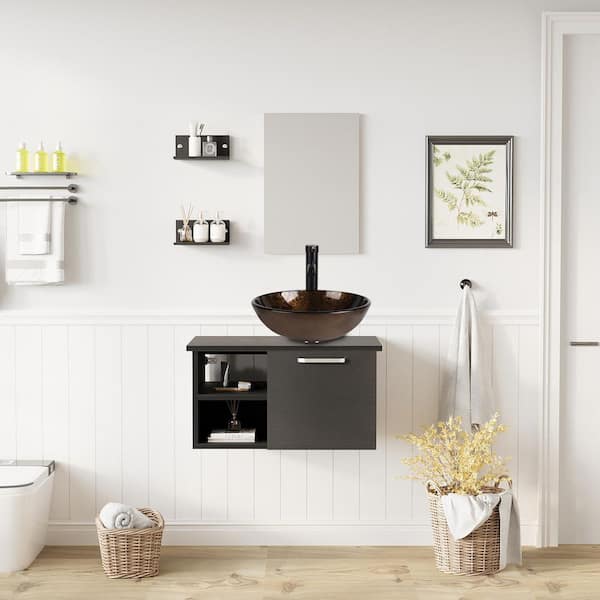 28 in. W x 19 in. D x 16 in. H Single Sink Black Bath Vanity with Brown Round Solid Surface Top Sink and Mirror