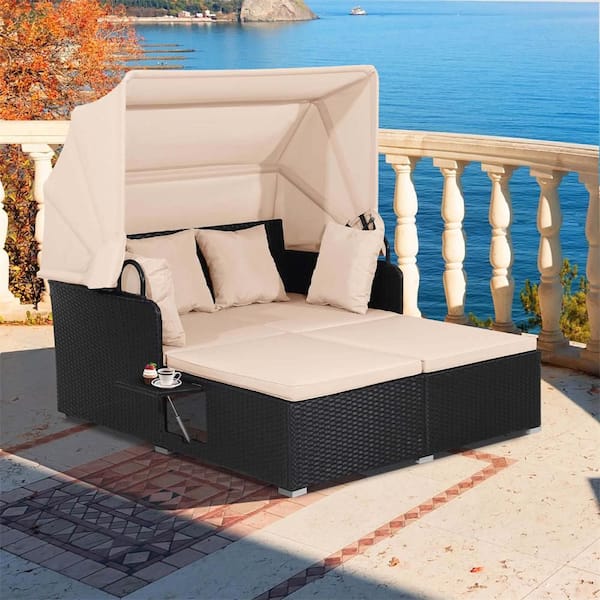 Wicker Outdoor Day Bed Lounge with Retractable Top Canopy Side Tables Beige Cushions