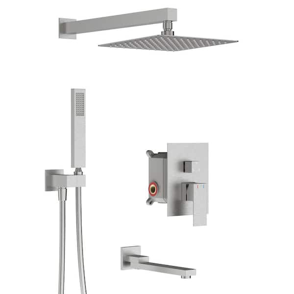 MYCASS Single-Handle Spray Square High Pressure Wall Mount Shower Faucet with Tub Spout Brushed Nickel (Valve Included)