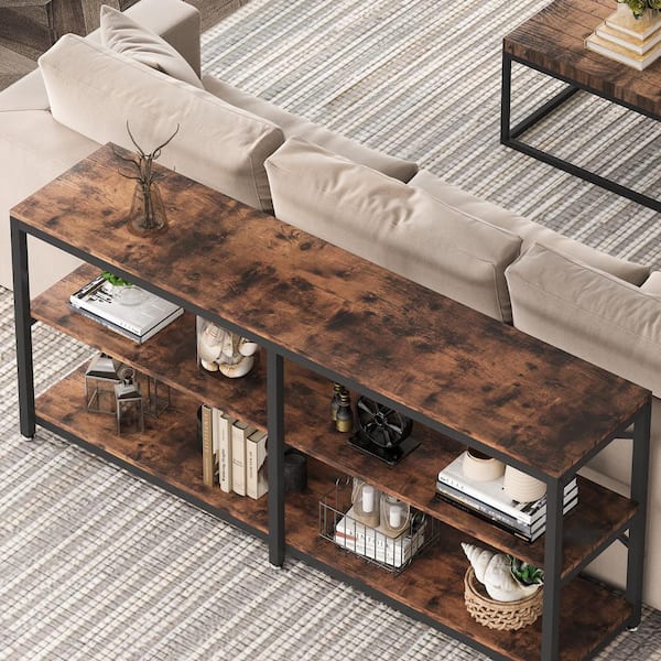 Bulgari 70.9 in. Rectangle Black Metal Brown Particle Board Wood Console Table Sofa Table with 3 Open Storage Shelves